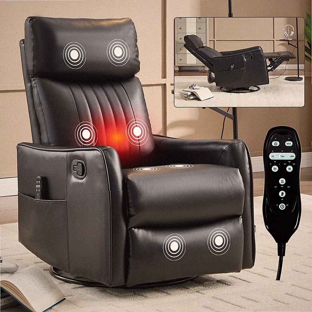 Black Faux Leather Heat Massage Manual Recliner Chair with Rocker & Swivel