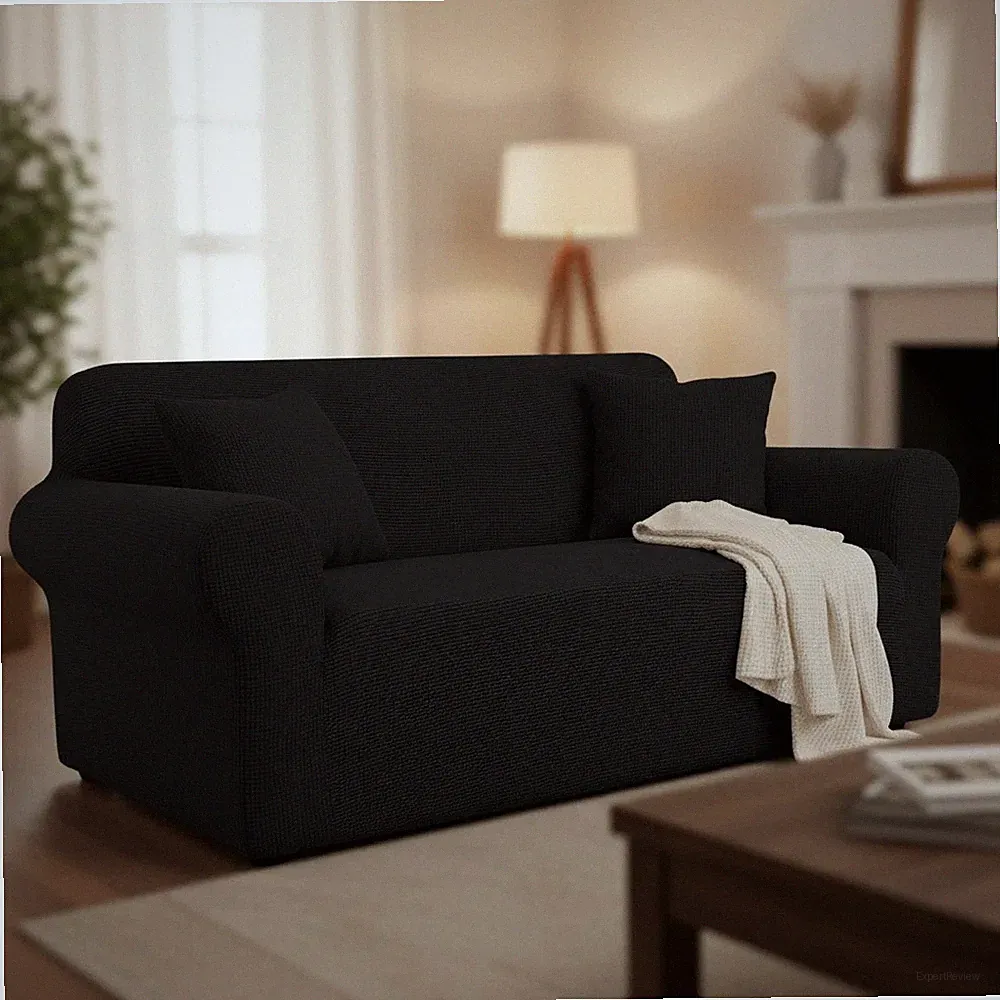 Elegant Stretch Loveseat Slipcover: Soft Black Jacquard Fabric for Modern Homes
