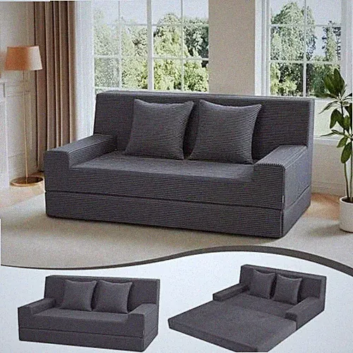 Folding Futon Couch Queen – Boneless Corduroy Loveseat Sofa Bed Grey (Double)
