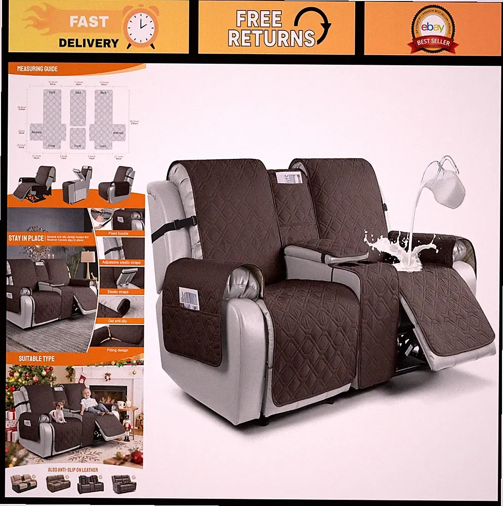 Waterproof Loveseat Recliner Cover with Console - Non-Slip Sofa Slipcover for Pe